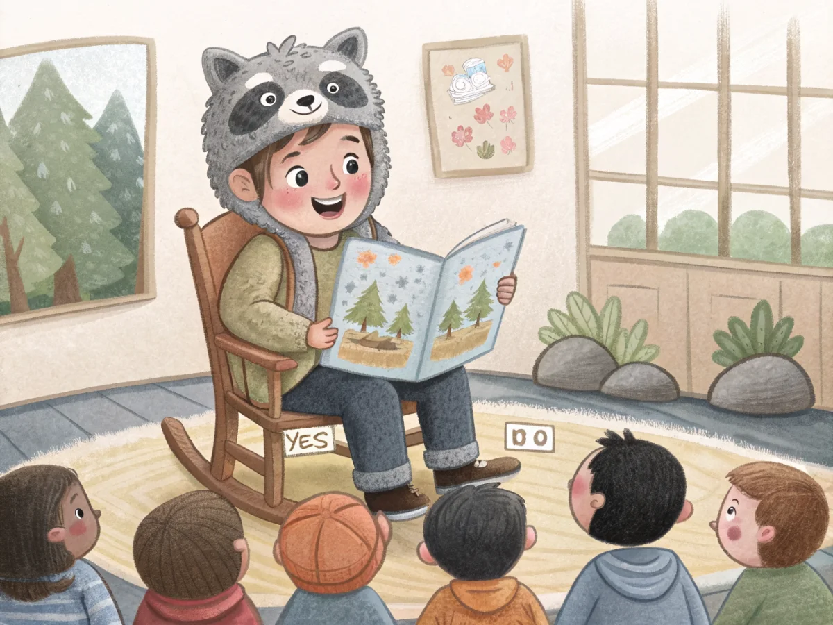 A storyteller in a raccoon-ear hat holds up Detective Dot for a circle of young children, some holding YES and NO answer paddles