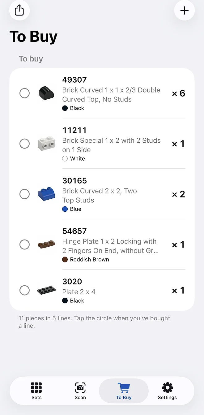 The To Buy list: five missing parts, each with its part number, color and how many to buy.